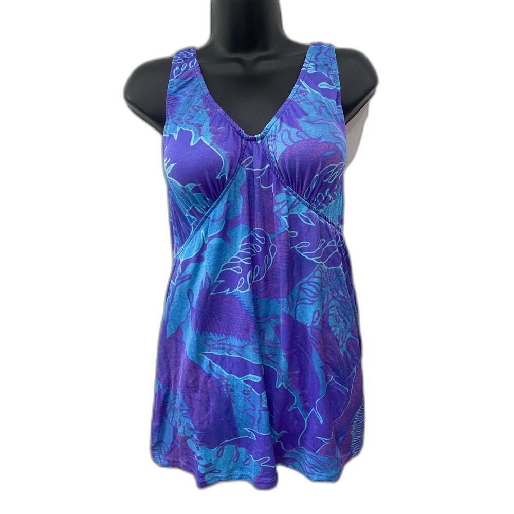 VTG Maxine of Hollywood Sz 12 One Piece Floral Swimsuit Dress Swimdress Skirt